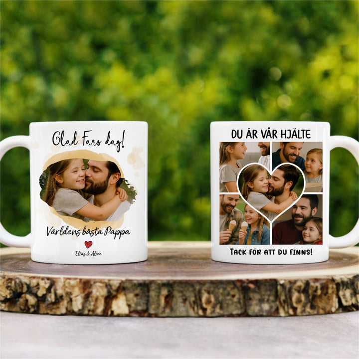 Skapa en unik Fars dag-mugg med foto, text & namn. Välj mellan 11 olika mallar på båda sidor. Perfekt personlig present till världens bästa pappa.