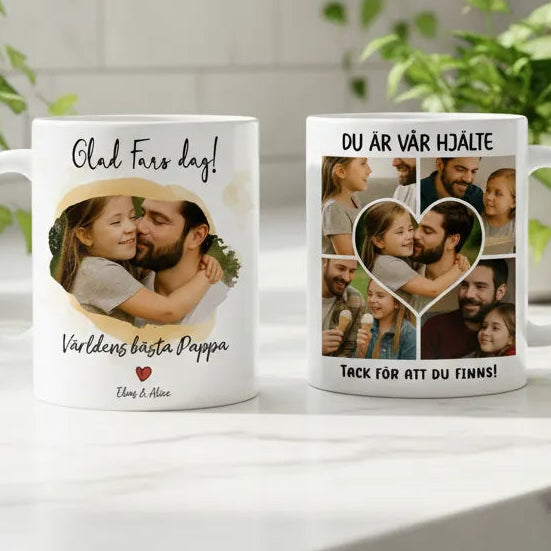 Skapa en unik Fars dag-mugg med foto, text & namn. Välj mellan 11 olika mallar på båda sidor. Perfekt personlig present till världens bästa pappa.